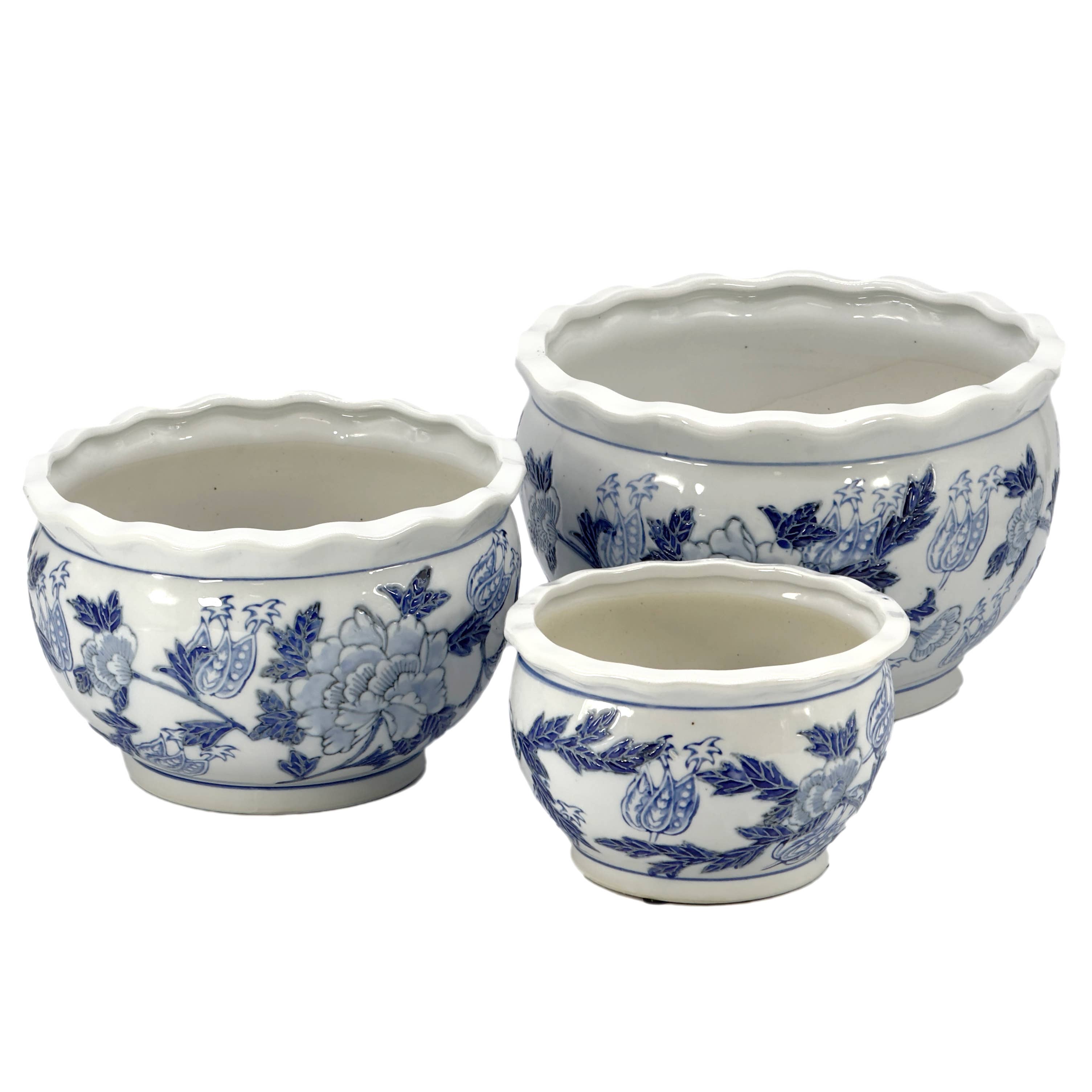 Galt International Company – wholesale Kruka – Set med 3 - 7,5"/10"/13" keramisk Chinoiserie planteringskruksats5