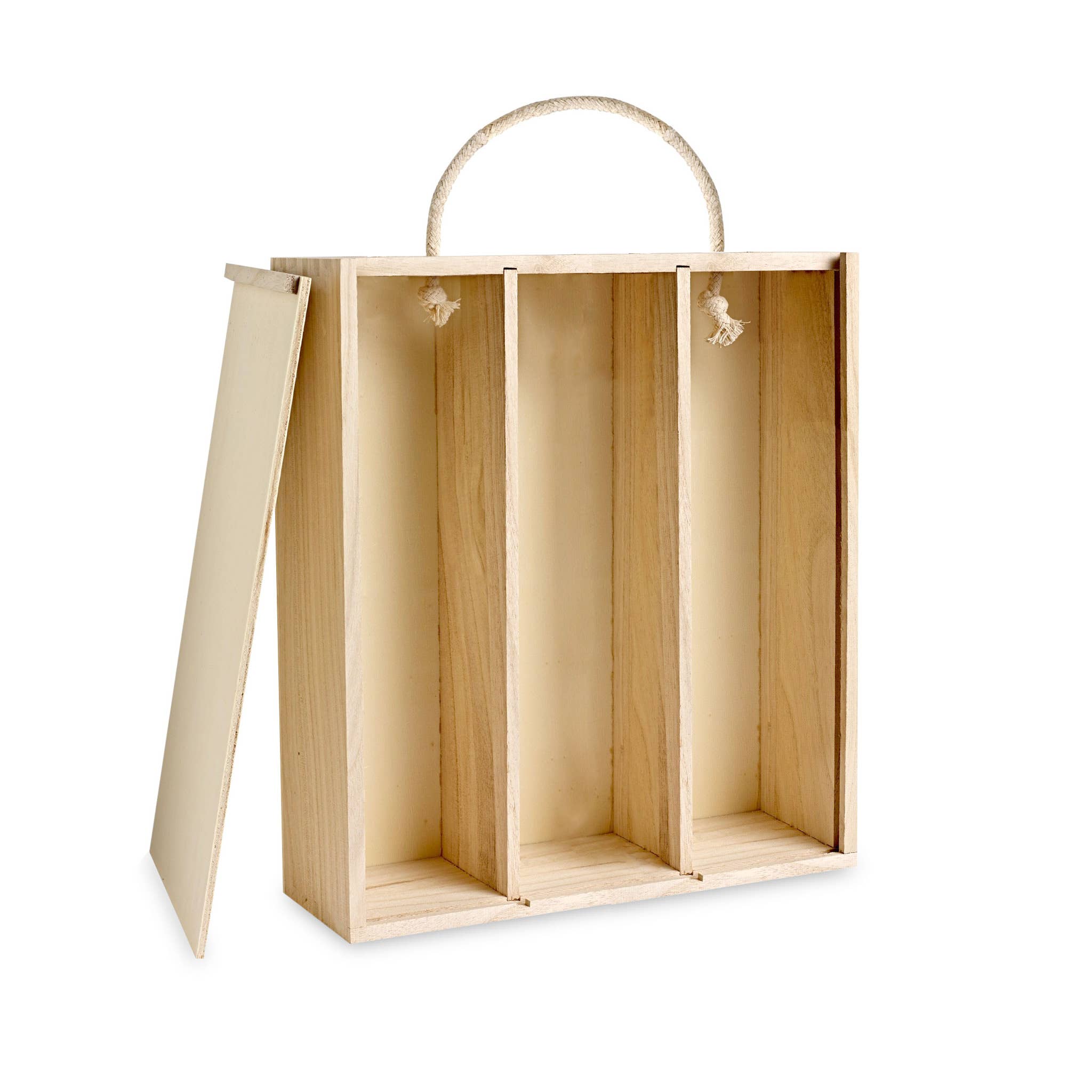 Gadsby – wholesale Gift box – Wooden Wine Box for 3 Bottles - Sliding Lid & Rope Handle0