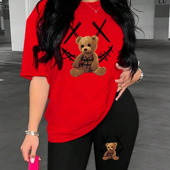 Kurzärmliges Damen-Set mit Teddybär- und Smiley-Print, weich und trendig, zwei grundlegende und vielseitige Teile. für den Großhandel von Queenshopbeauty