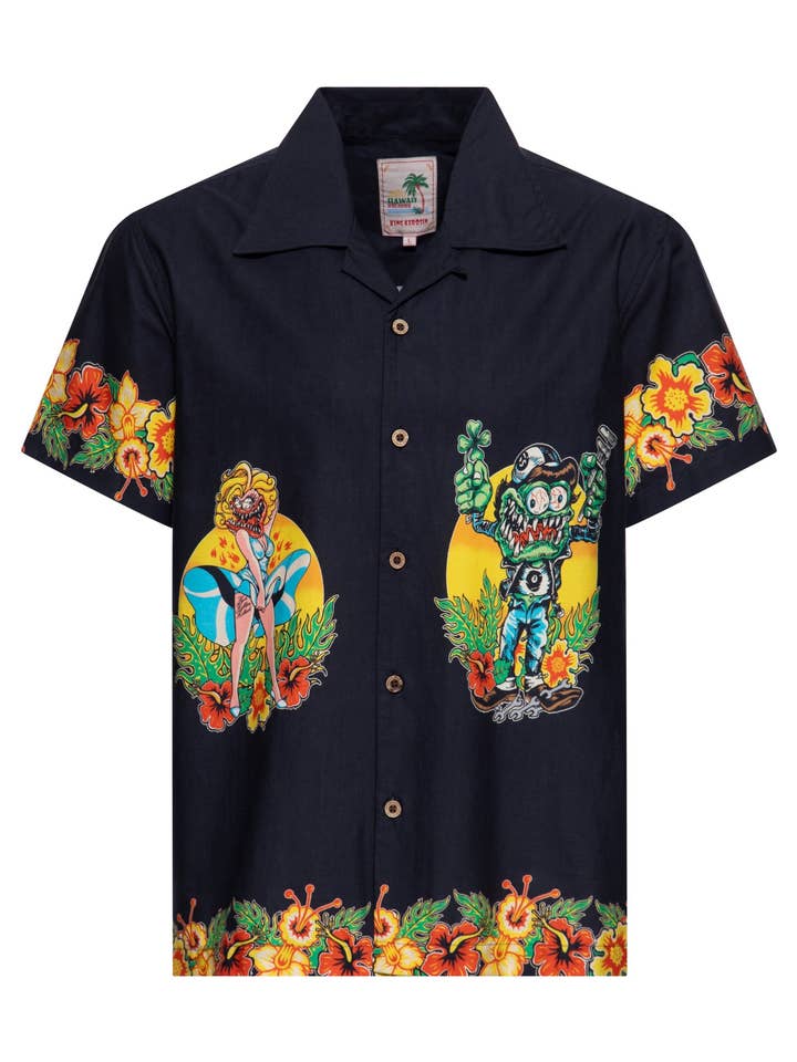 Camisa havaiana 'Lucky Monster' em preto por atacado de KING KEROSIN