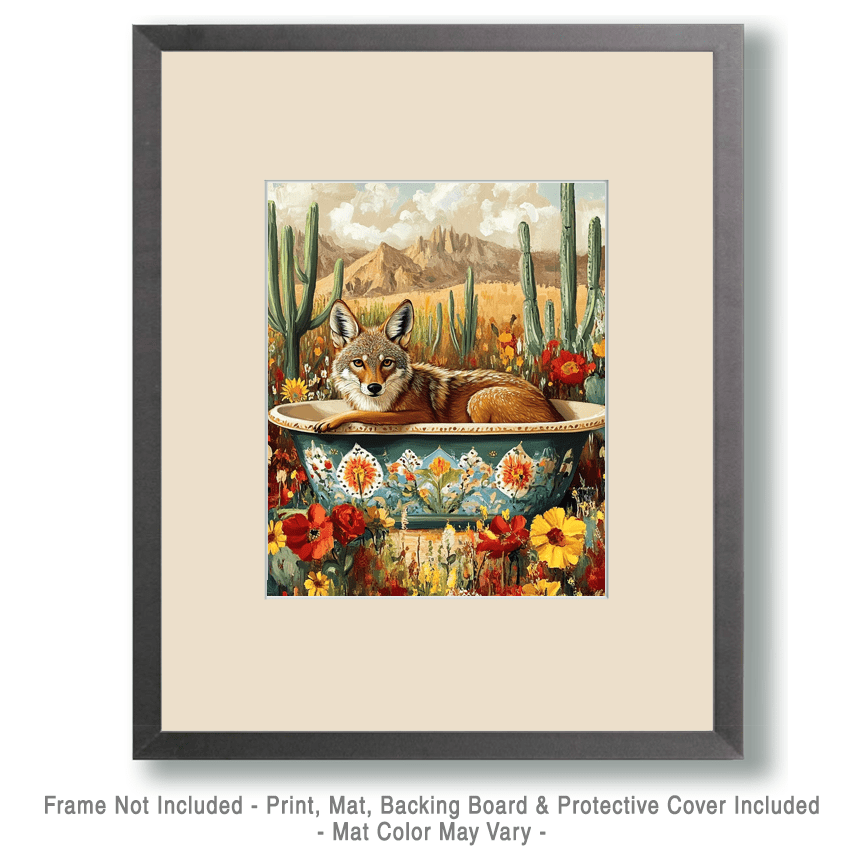 Mowbi – wholesale Art print – Coyote in a Bathtub - Southwest Bathroom Wall Art Prints – 8″x10″ Artwork for 11″x14″ Frame1