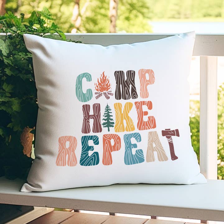 Camp Hike Repeat Pillow, Camping Throw Pillow, RV Home Decor for wholesale by Canary Road