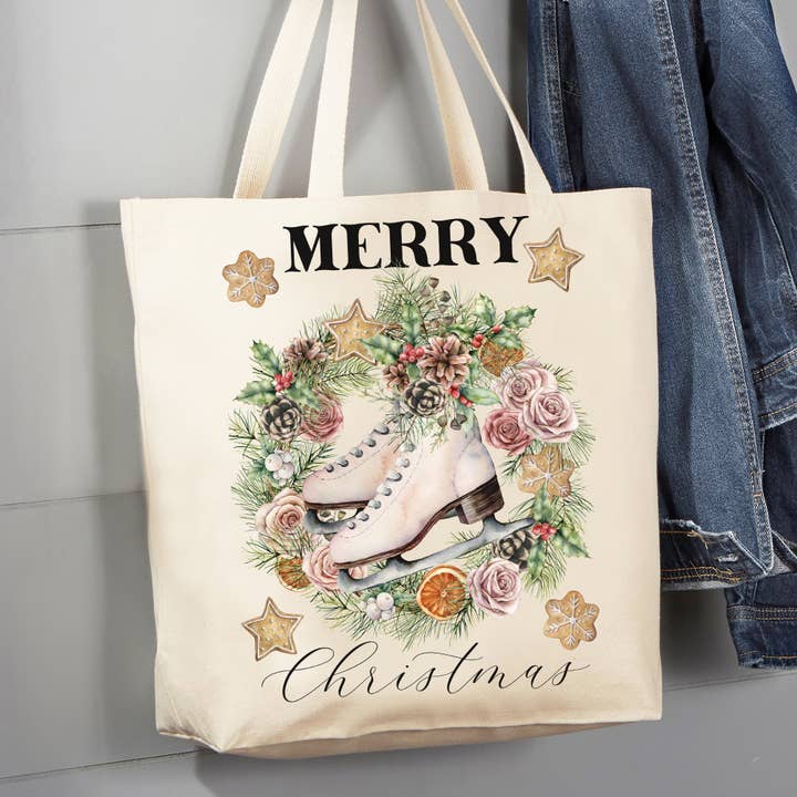 Avery Lane Gifts - Wholesale Tote Bag - Women's - Merry Christmas Ice Skating Wreath 12 oz Canvas Tote Bag