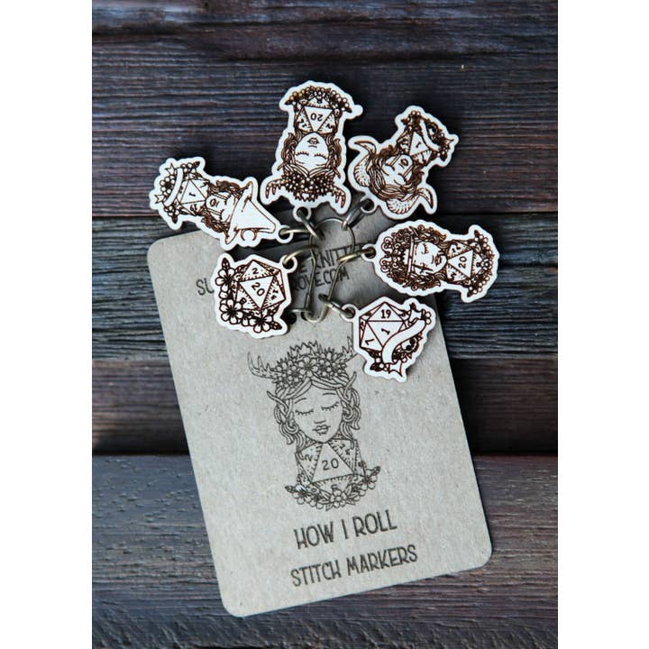 Sunrise Grove - Wholesale Knitting/Crochet Supplies - D20 Dice Stitch Markers Maple Set of 6 DND Classes
