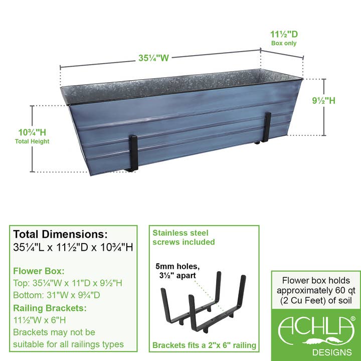 ACHLA Designs - Wholesale Planter Box - Large Blue Flower Box- 2x6 Railing Brackets3