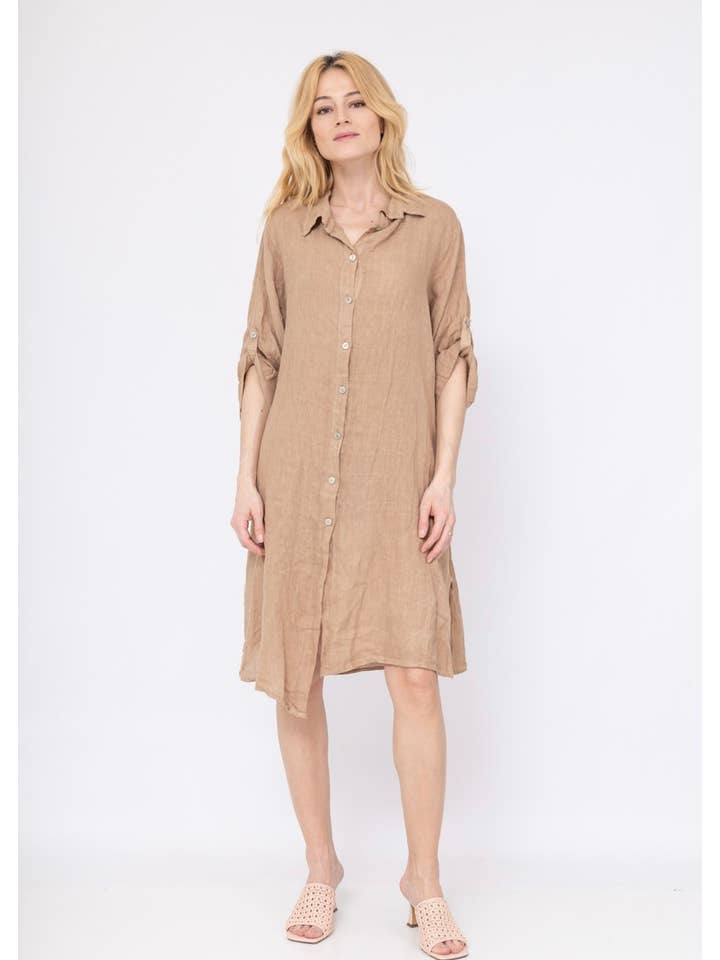 la maison des fibres naturelles - Wholesale Dress - Women's - Mid-length buttoned shirt dress 100% linen 693190