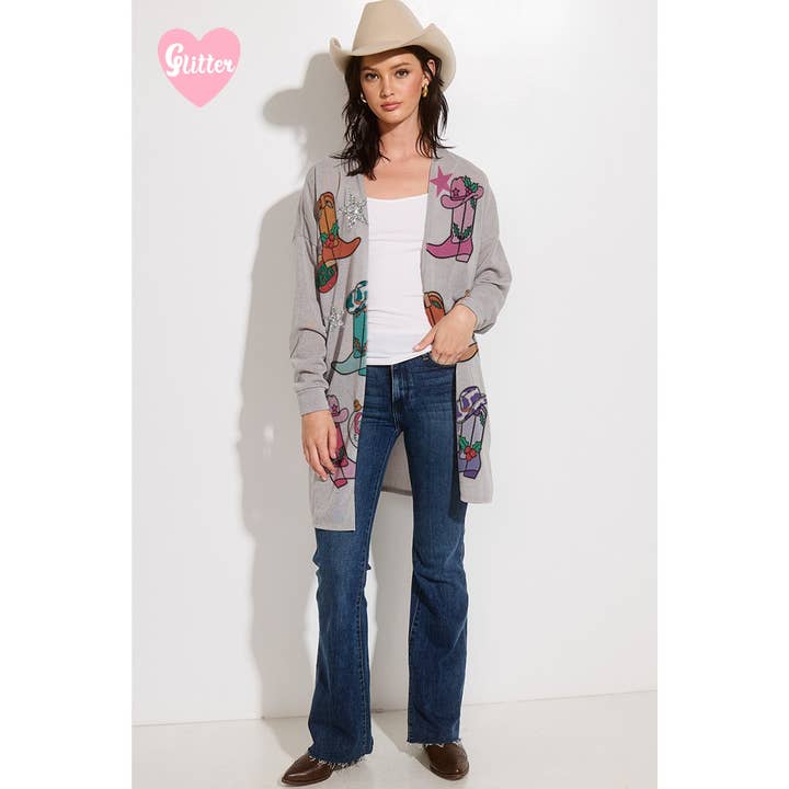Phil Love - Wholesale Cardigan - Women's - Christmas Cowgirl boots Glitter Knit Cardigan