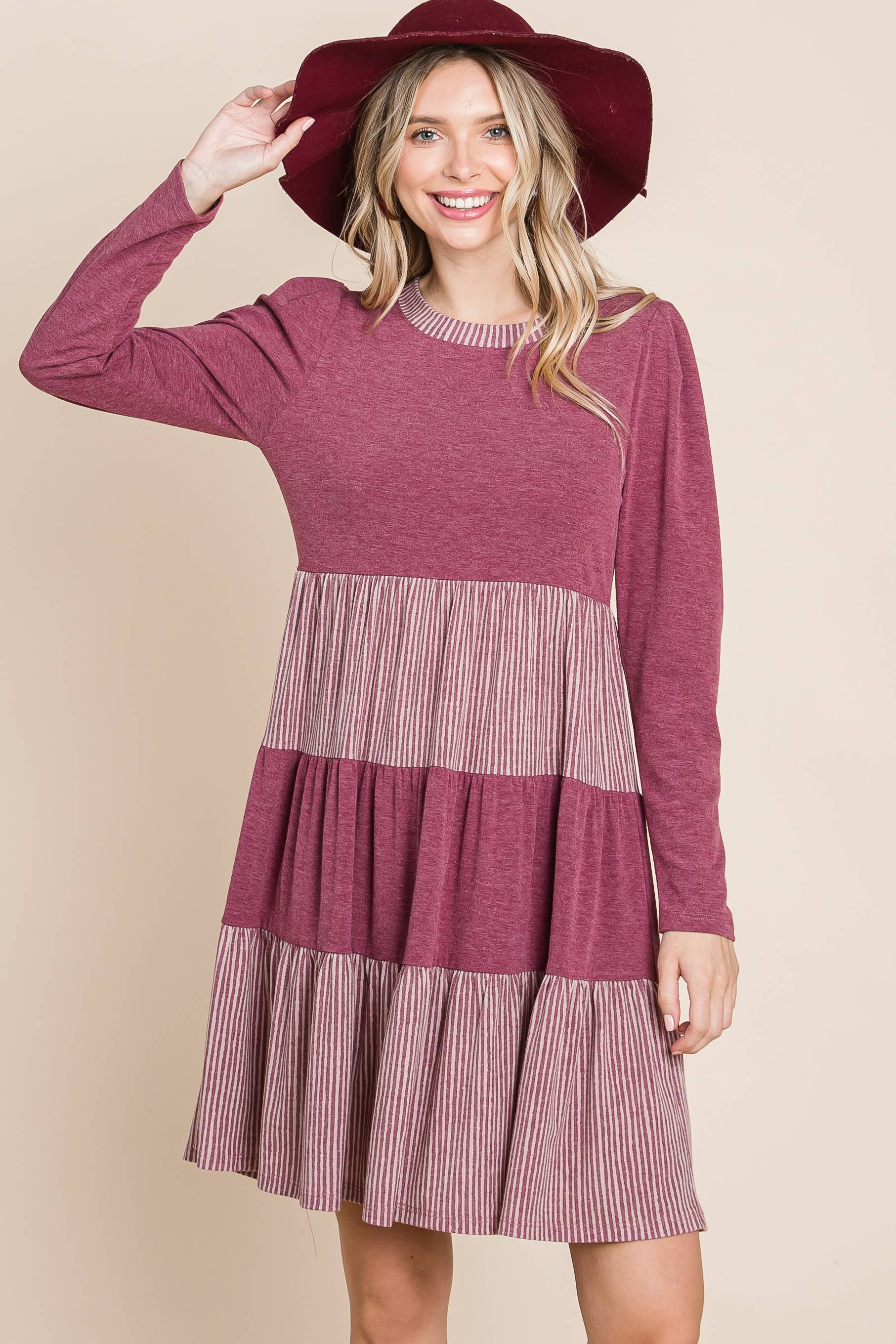 Burgundy ETK-8610-PL Plus Size Striped and Solid  Knee Dress for wholesale on Faire2