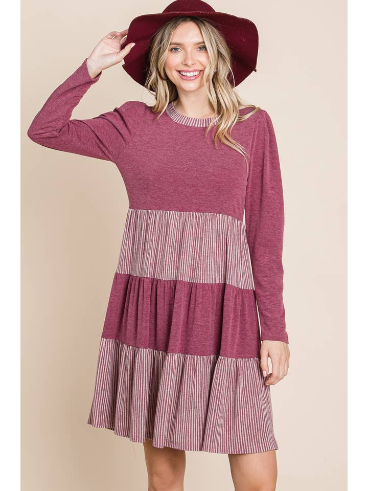 Burgundy ETK-8610-PL Plus Size Striped and Solid Knee Dress for wholesale on Faire2