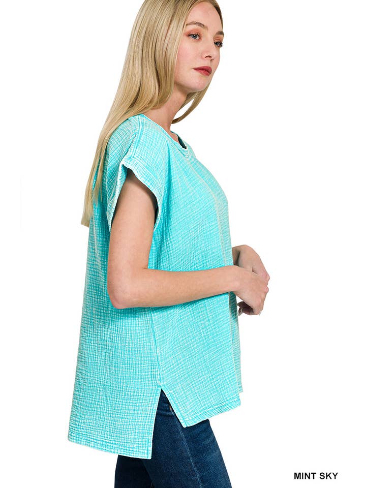 Vanilla Monkey - Wholesale Knit Top - Women's - Woven Double Gauze Acid Washed Short Sleeve Top