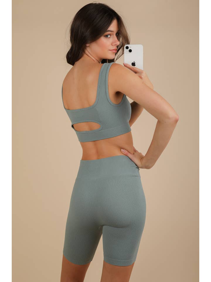 VERY J - Wholesale Activewear Set - Women's - NT12145SET-Ribbed Knit Activewear Top & Shorts Set6