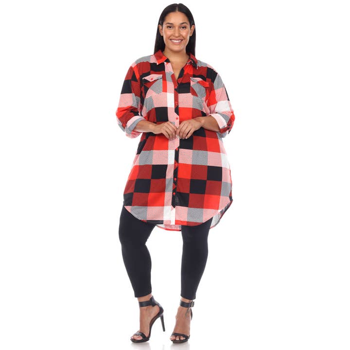 WHITE MARK - Wholesale Button Down Shirt - Women's - Plus Size Plaid Tunic Shirt4