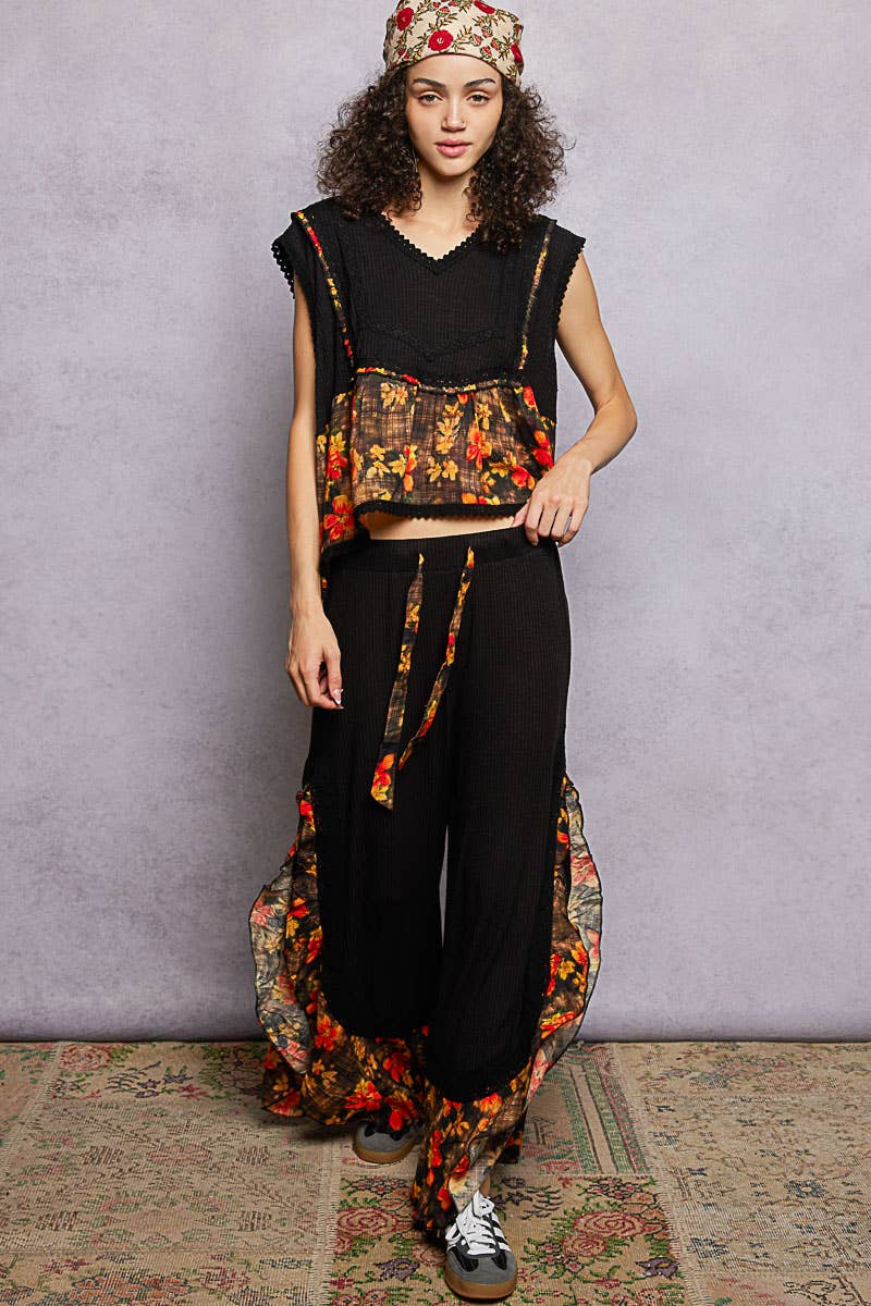 Pol Clothing - Wholesale Pants - Women's - Floral Pattern Ruffle Detail Ribbed Knit Pants10