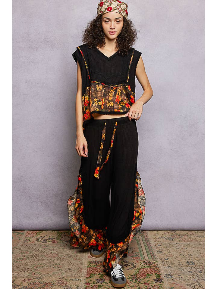 Pol Clothing - Wholesale Pants - Women's - Floral Pattern Ruffle Detail Ribbed Knit Pants10