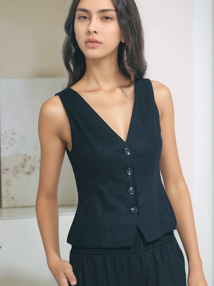 Sleeveless V Neck Button Front Vest Top for wholesale by Pink Irene Wholesale