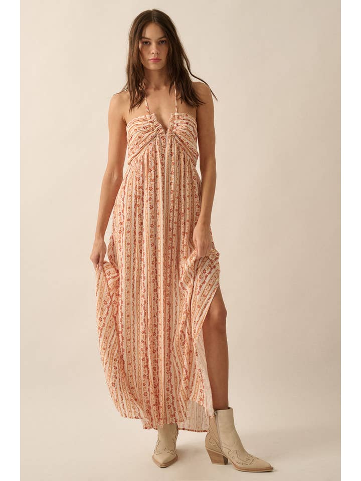 Promesa USA - Wholesale Dress - Women's - Floral-Stripe Tie-Back Maxi Halter Dress