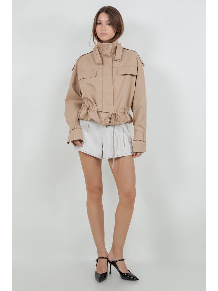 UTILITARIAN WOVEN JACKET WITH ADJUSTER DRAWSTRINGS - KHAKI for wholesale on Faire6