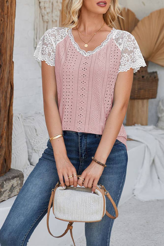 UNISHE - Vente Chemisier – femme - Top à manches courtes et col en V à œillets en crochet en dentelle ZK108110