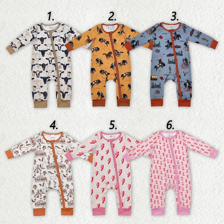 Sibling Baby Infant Boys Girls Western Bamboo Zip Rompers for wholesale by Aier Wholesale