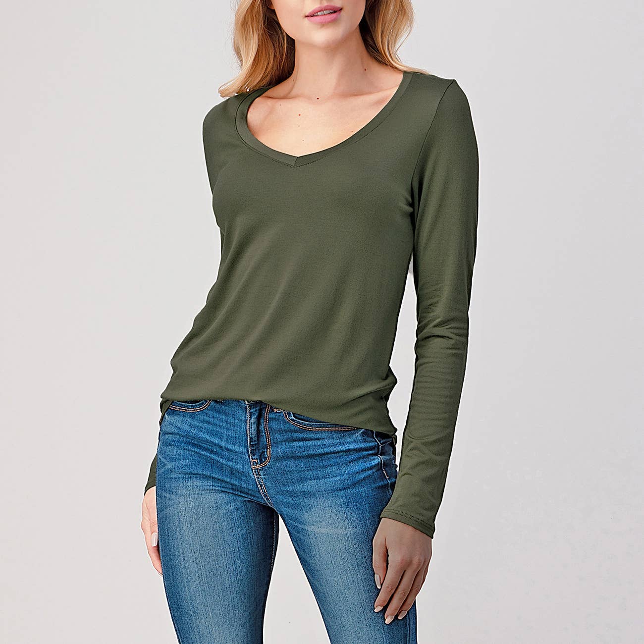 Heimious - Wholesale T-Shirt - Women's - Modal Long Sleeve V-neck Relaxed Fit T-shirt, T24921