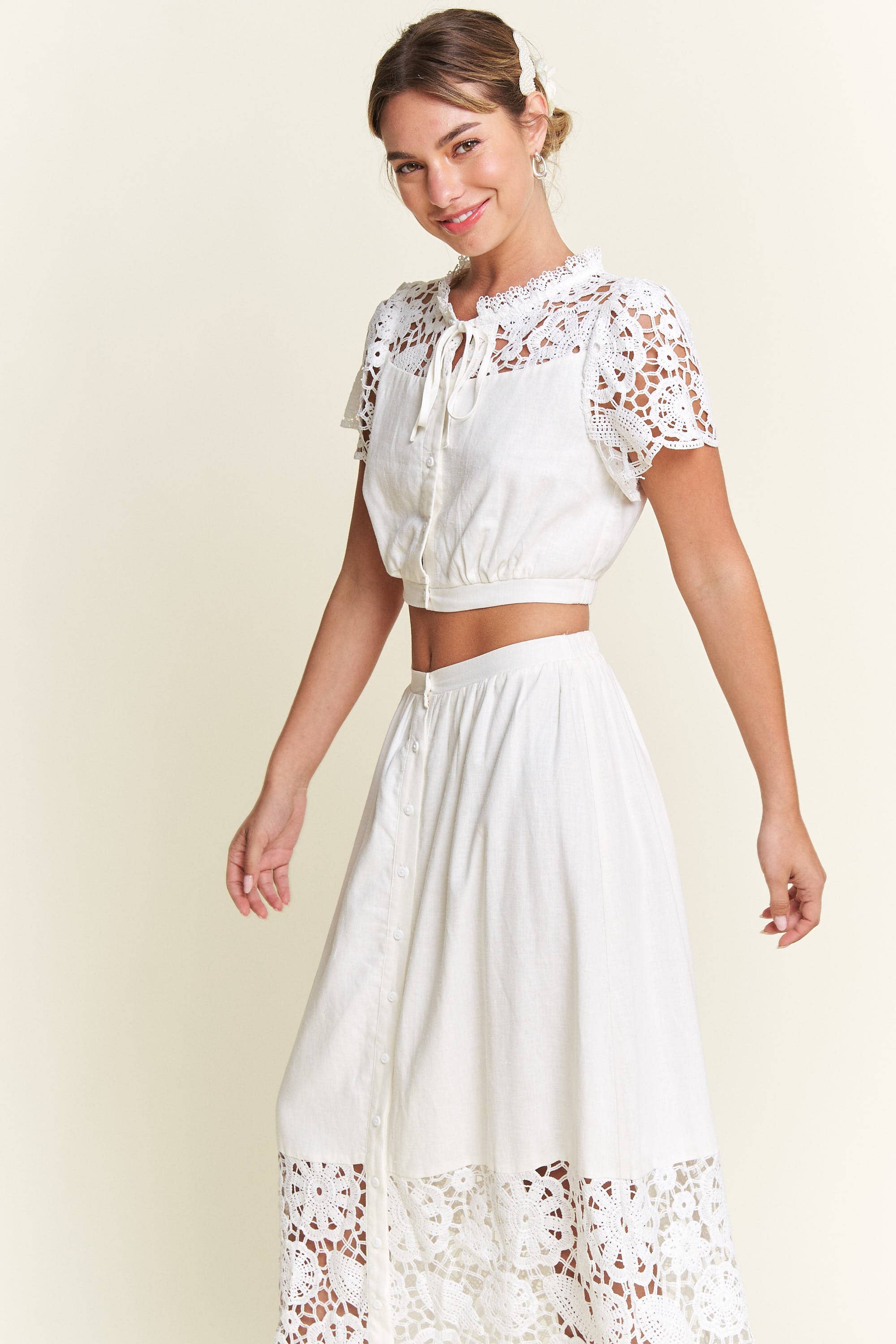 Ivory Lace Detail Button Down Long Skirt for wholesale on Faire7