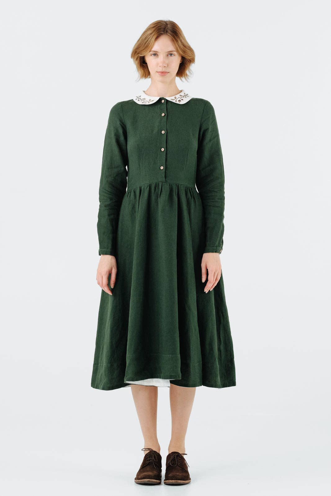 Son de Flor - Wholesale Dress - Women's - Classic Dress with Embroidered Hazelnut Collar, Long Sleeve11