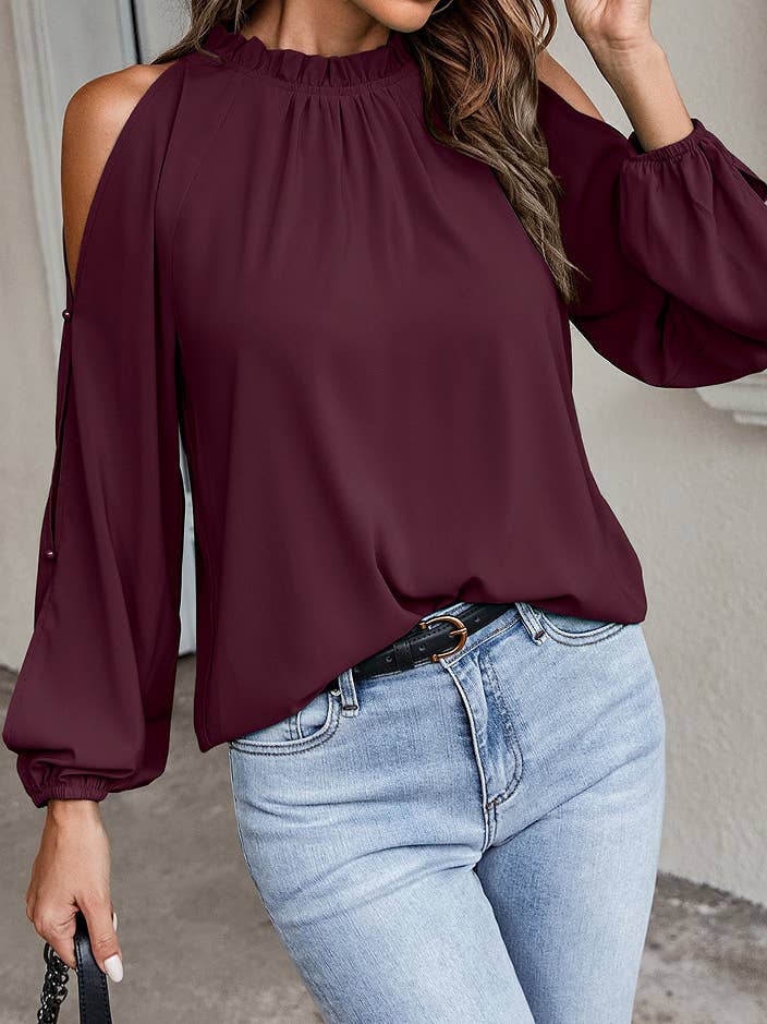 SZ1-TP8198 Mock Neck Ruffle Trim Open Sleeve Blouse for wholesale by eLook