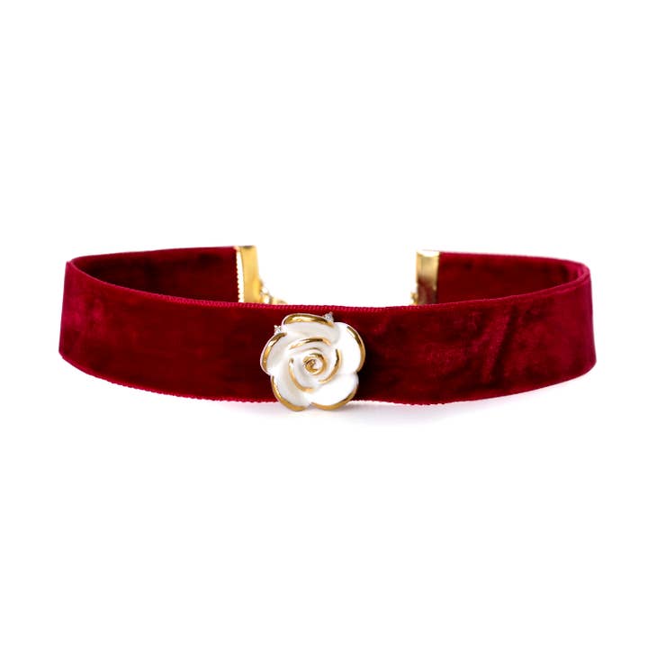Golden White Cloud Rose Red Velvet Choker Necklace for wholesale by POPORCELAIN