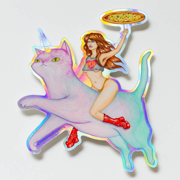 Autocollant holographique découpé à la forme Pizza Cat Babe pour la vente par Quinn Curnow