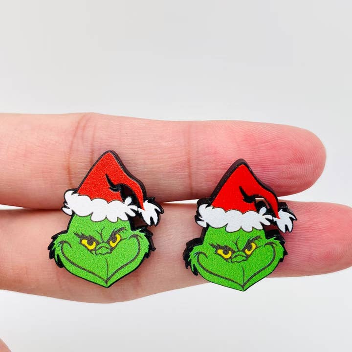 Mio Queena - Wholesale Stud/Post Earrings - Grinch with Christmas Hat Acrylic Ear Studs
