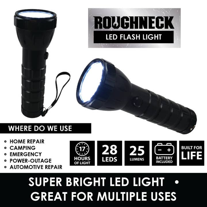 Novelty Brands - Wholesale Retailer Display - Home & Living - Roughneck LED Flashlight with Strap Assortment- 6/Display