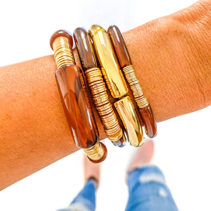 Savvy Bling - Wholesale Beaded Bracelet - Coco Cola Brown Acrylic Tube Bamboo Bracelet