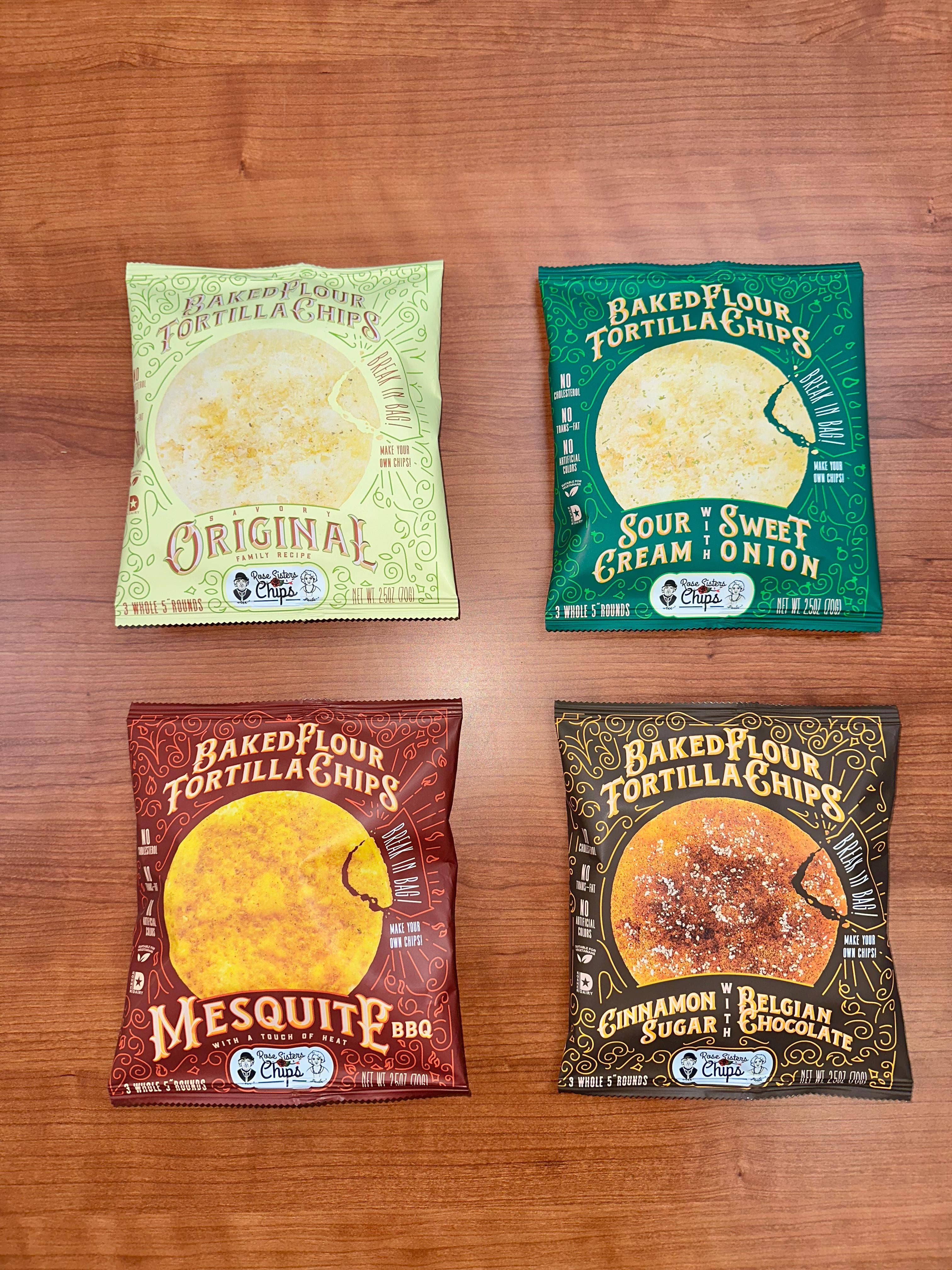 Rose Sisters Chips - Wholesale Crisps - Cinnamon Sugar w Choc Baked Flour Tortilla Chips -Single Srv2