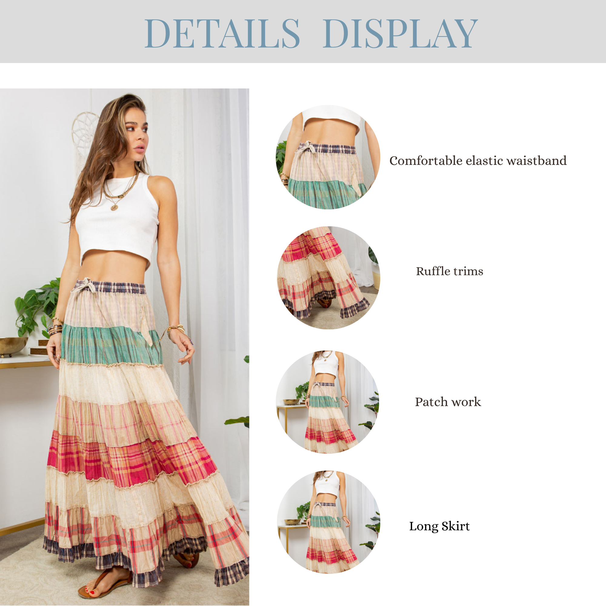 Young Threads - Wholesale Skirt - Women's - Vintage Vibes: Crinkled Tiered Skirt With Mixed Cotton Dobby9