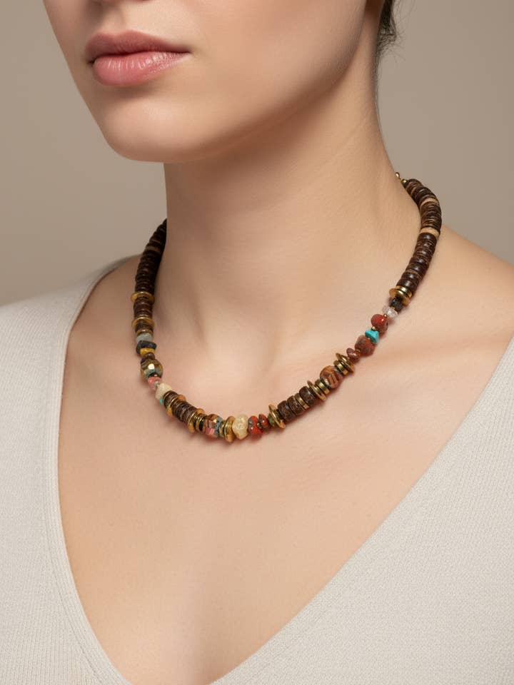 FRT08 - Coconut, Gold plated hematite, semi precious stone chips and crystal details make this 18" necklace for wholesale by Gist Jewellery