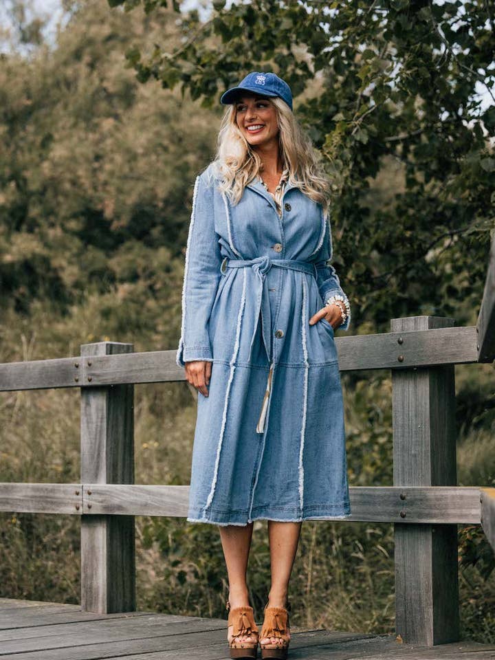 TABATA - Trench Jean Frayed Bands Light Denim for wholesale by LES BLONDINETTES