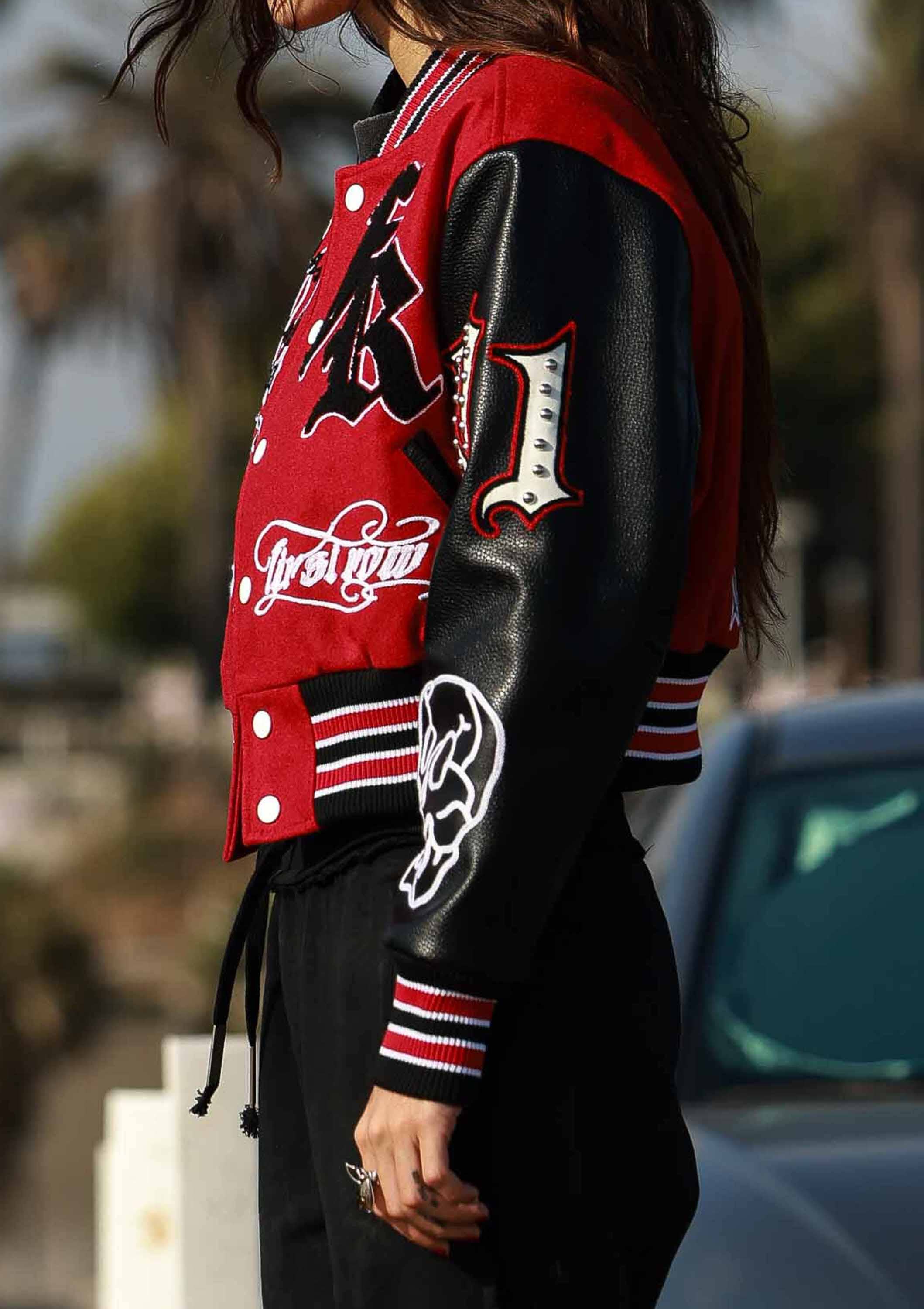 Red WAKE UP AND BE FIERCE VARSITY JACKET for wholesale on Faire1