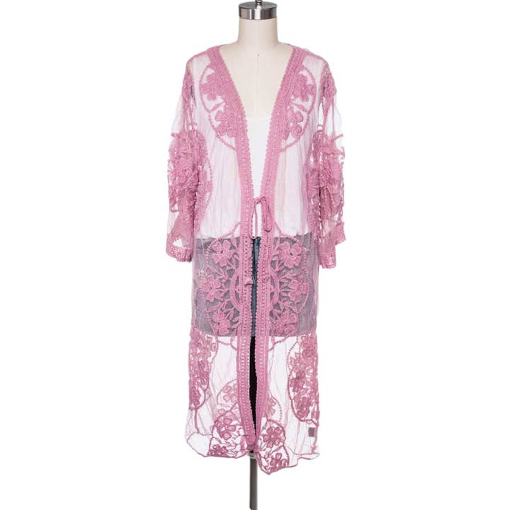 Cardigan long iconique brodé de dentelle pour la vente par LA Jewelry Plaza