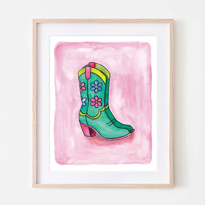 Flower Power Boots Watercolor Art Print for wholesale by Phoenix Supply Co.