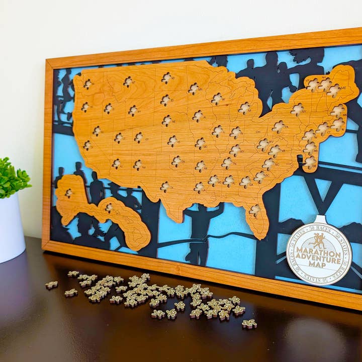 Roots & Routes Co - Wholesale Wall Accent - 50 States of Marathons Adventure Map — Handcrafted Running Tracker3