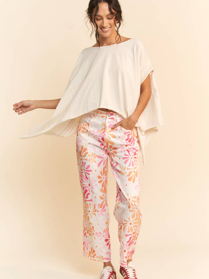 FLORAL PRINTED LIGHTWEIGHT STRAIGHT LEG PANTS for wholesale on Faire7