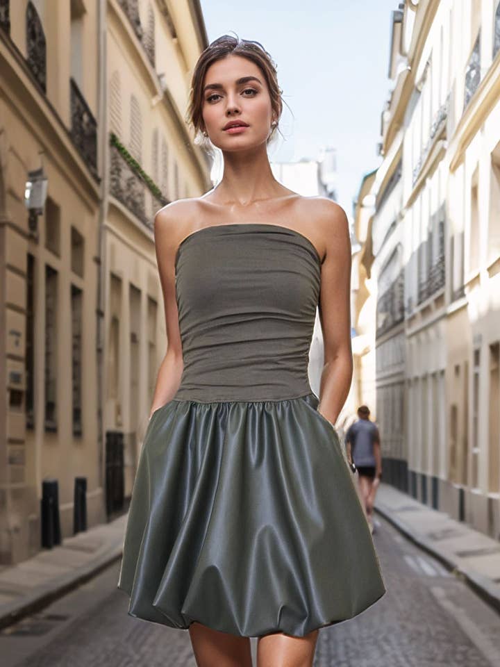 MIMI TUBE BUBBLE DRESS (OLIVE VEGAN LEATHER)- VD3334PU for wholesale by VAVA by Joy Han