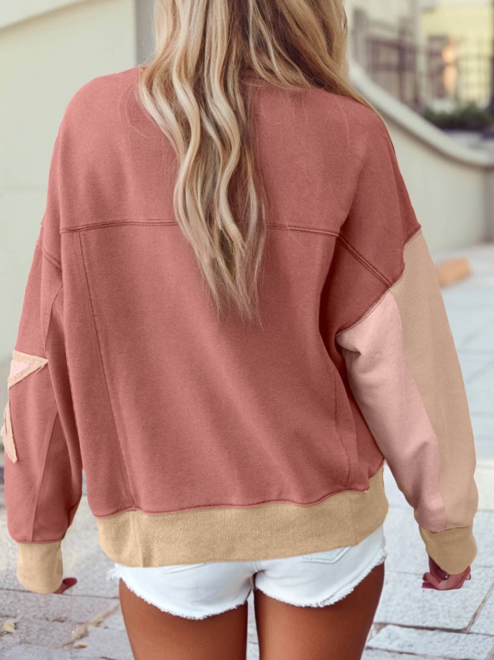 1 the Woman - Wholesale Sweatshirt - Women's - Raw Seam Double Star Patched Hem Drop Shoulder Sweatshirt4