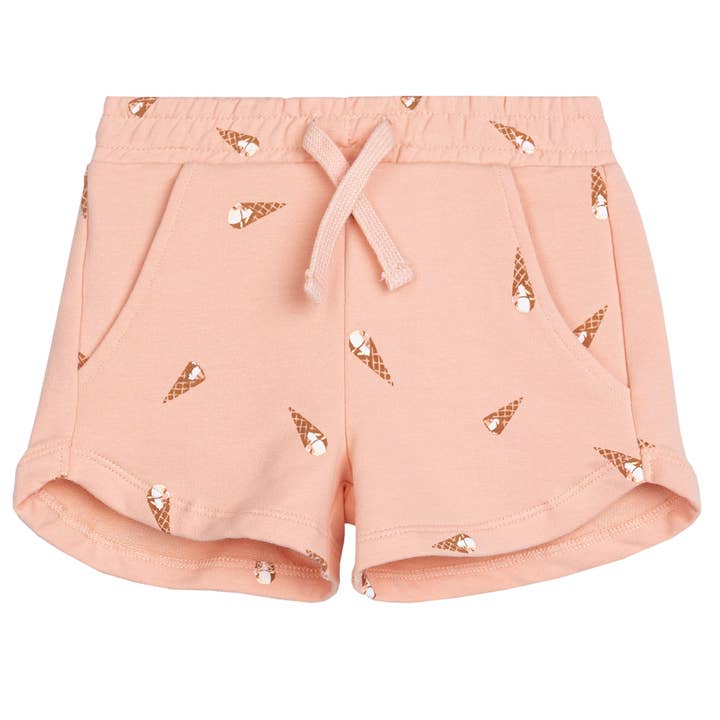 Ice Cream Cone Print on Papaya Girls' Terry Baby Shorts for wholesale by Miles the Label