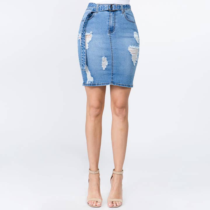 JUPES EN JEAN AVEC CEINTURE-RSK2612 pour la vente par American Bazi