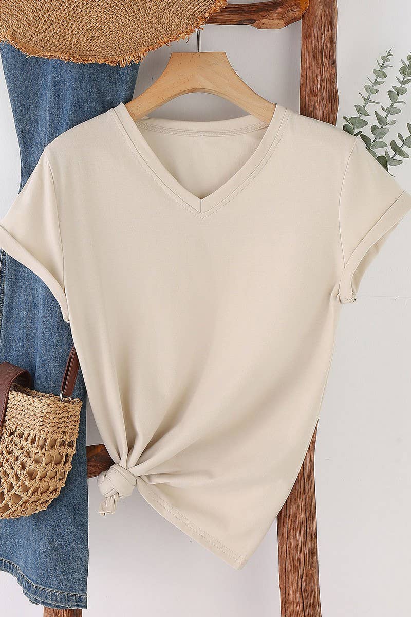 NINEXIS - Wholesale T-Shirt - Women's - CWTTS1544_V-NECK FASHION SIMPLE SOLID COLOR SHORT SLEEVES1