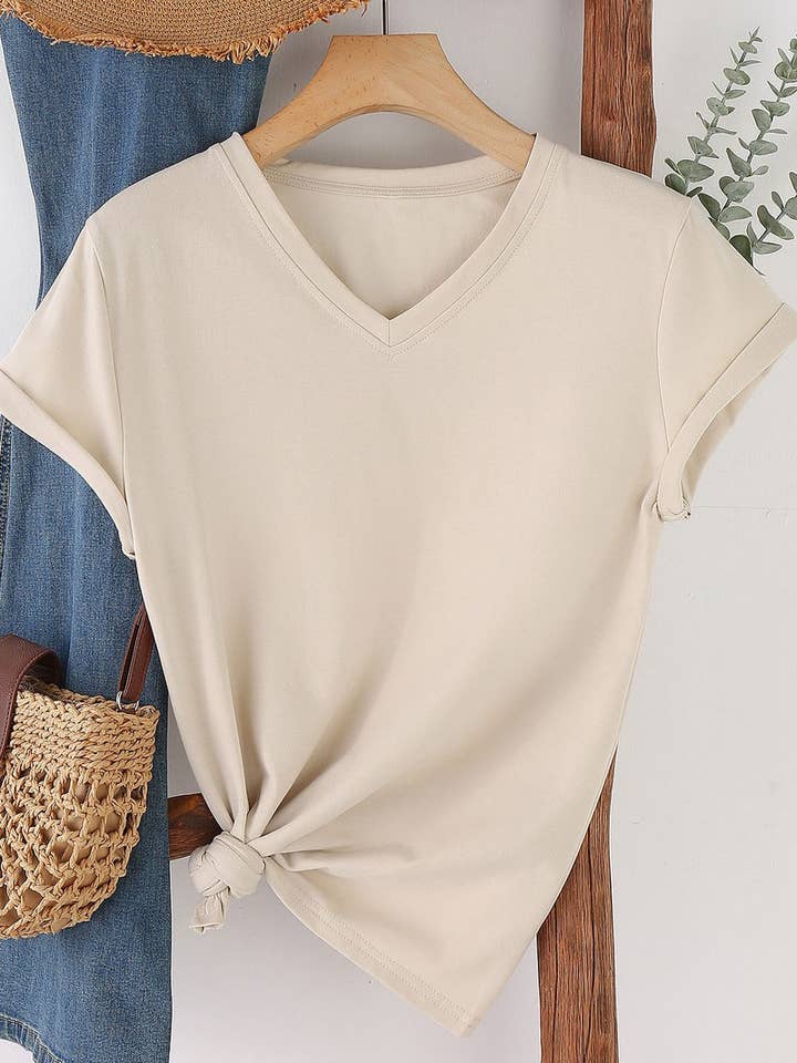 NINEXIS - Wholesale T-Shirt - Women's - CWTTS1544_V-NECK FASHION SIMPLE SOLID COLOR SHORT SLEEVES1