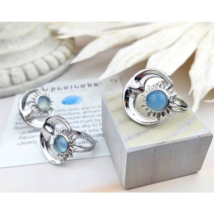 Adjustable Moon and Sun Ring - Aquamarine / Communication for wholesale by WonderLight Jewelry