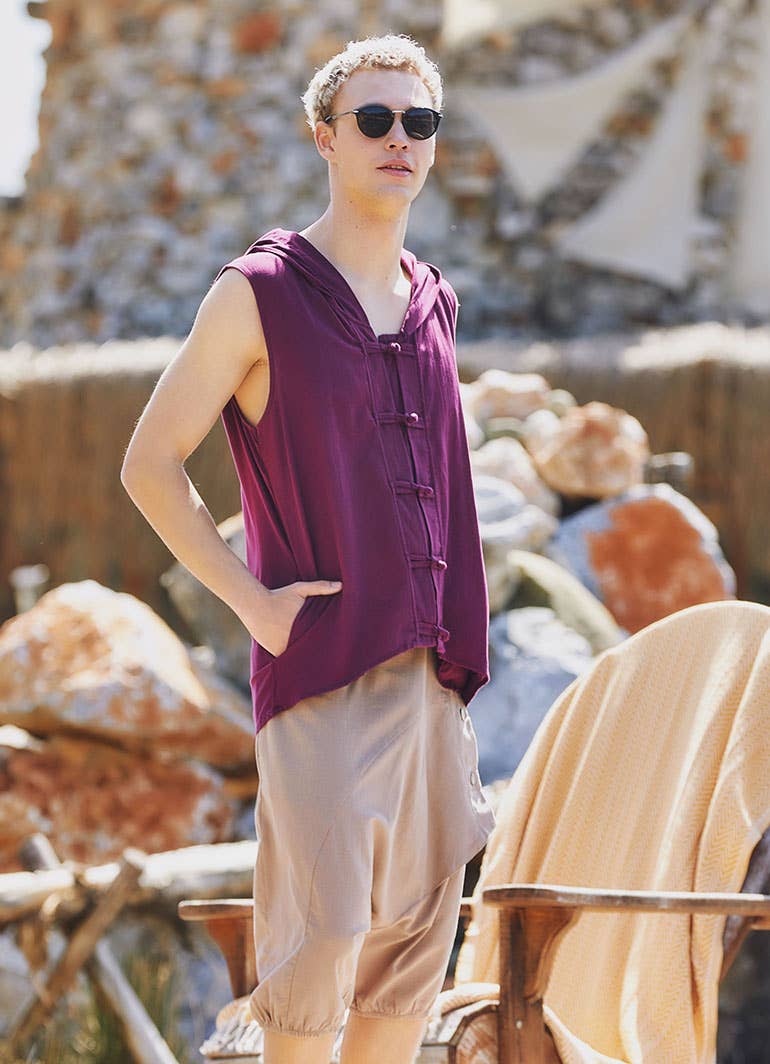 BohoClandestino - Wholesale Button Down Shirt - Men's - Purple Sleeveless Knot Button Men's Shirt2