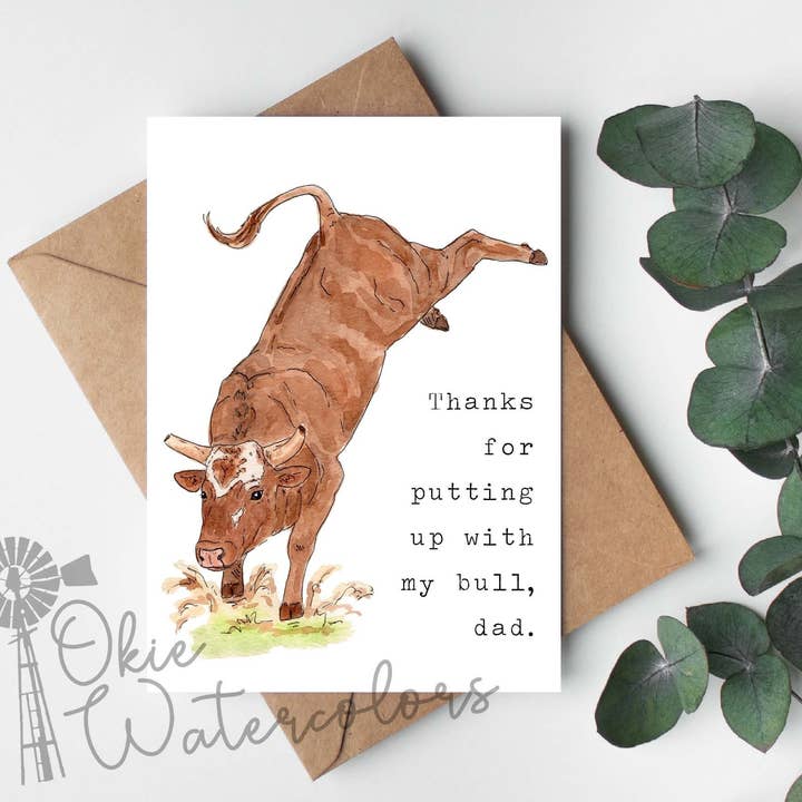 Bucking Bull, 5x7" Watercolor Father's Dad's Day Card for wholesale by Okie Watercolors